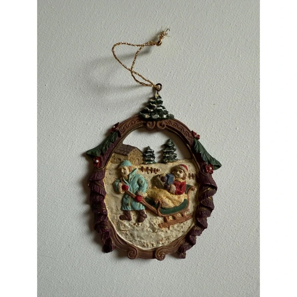 Vintage Ceramic Christmas Ornament Children with Sled Winter Scene 4 Inch